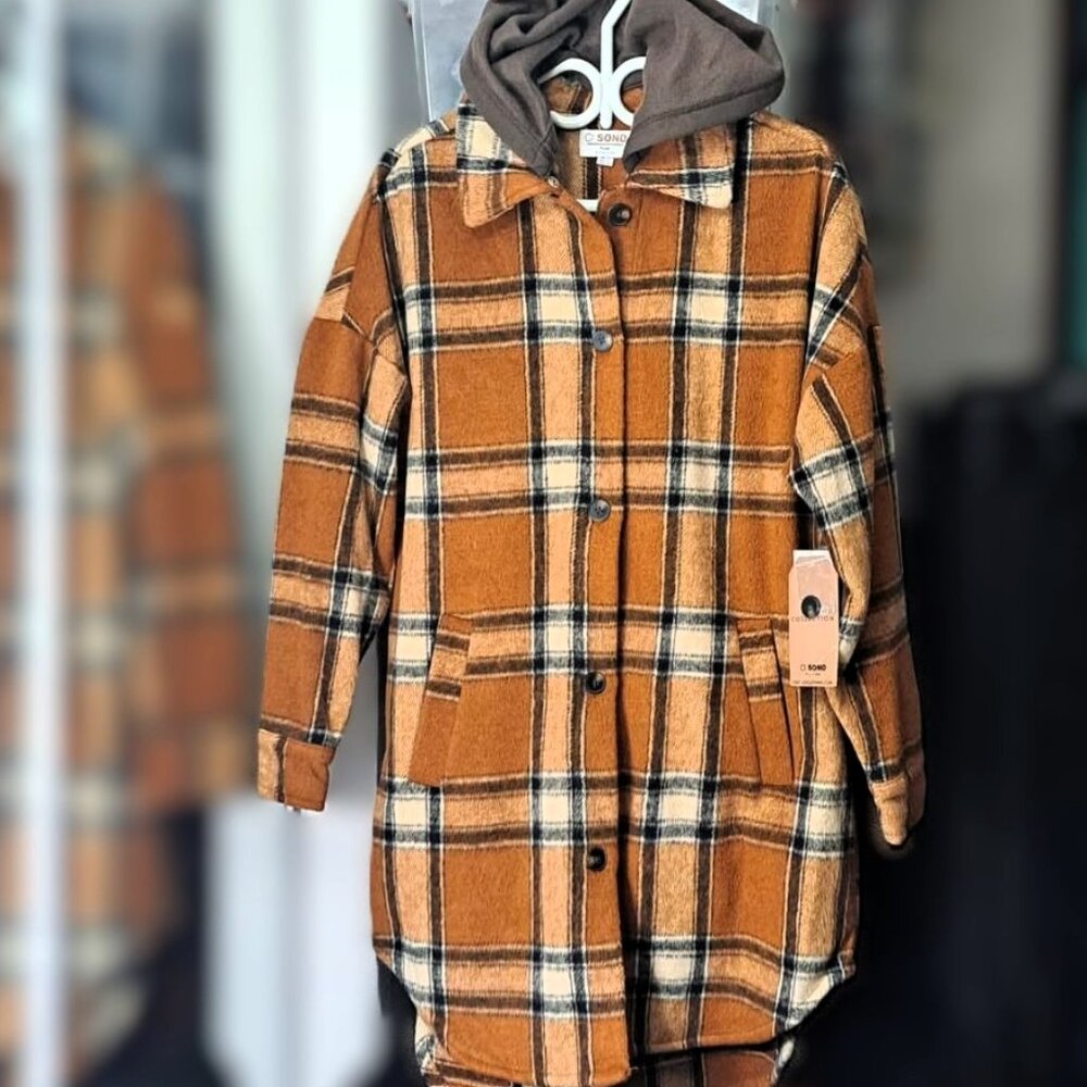 NWT Ci Sono Plaid Fleece Hooded Shacket Knee-Length Shirt Jacket for Layering